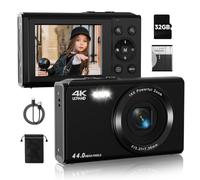 SMARTKLIK Upgrade Digital Camera, FHD 4K 44MP, 16X Zoom, 32GB SD Card, Compact, Black