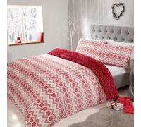 SmartLiving Luxry Christmas Fairisle Flannel Fleece Reversible Duvet Set - Cozy Winter Bedding (Red, Double)