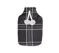 SmartLiving Luxury Check Fleece Hot Water Bottle with Pompom Ties - 35x23cm (2L) (Charcoal, 35cm x 23cm)