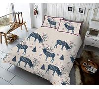 SmartLiving Luxury Winter Berry Stag Duvet Cover Set with Pillowcases, Festive Christmas Reindeer Bedding, Soft Cotton Blend Easy Care Bed Linen (Blue, Double)