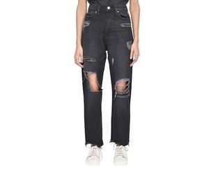 SmartLiving Women's Casual Style High-Waisted Torn Hem Rip Mom Jeans (UK, Numeric, 16, Regular, Regular, Black)