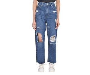SmartLiving Women's Casual Style High-Waisted Torn Hem Rip Mom Jeans (UK, Numeric, 16, Regular, Regular, Dark Wash)