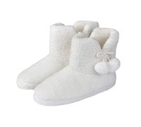 SmartLiving Women's Teddy Fleece Bootie Slippers, Warm Boot Slippers with Pom Poms, Soft House Boots, Non Slip Sole (Cream, M, UK Footwear Size System, Adult, Women, Alpha, Medium, Medium)