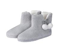 SmartLiving Women's Teddy Fleece Bootie Slippers, Warm Boot Slippers with Pom Poms, Soft House Boots, Non Slip Sole (Grey, M, UK Footwear Size System, Adult, Women, Alpha, Medium, Medium)