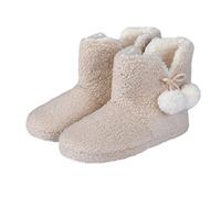 SmartLiving Women's Teddy Fleece Bootie Slippers, Warm Boot Slippers with Pom Poms, Soft House Boots, Non Slip Sole (Natural, L, UK Footwear Size System, Adult, Women, Alpha, Medium, Large)