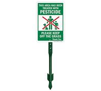 SmartSign 10 x 7 inch Area Has Been Treated With Pesticide Yard Sign, Please Keep Off Grass Sign, 21.5 inch Tall Sign & Stake Kit, 40 mil Laminated Rustproof Aluminum, Red, Green and White, Set of 1