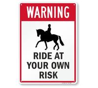SmartSign 14 x 10 inch “Warning - Ride At Your Own Risk” Metal Sign with Graphic, 40 mil Laminated Rustproof Aluminum, Red, Black and White