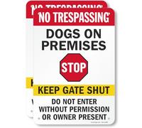 SmartSign 2-Pack No Trespassing Dogs on Premises Keep Gate Shut Sign, Do Not Enter Without Permission Metal Sign with Stop Symbol, 14 x 10 inch, 40 mil Laminated Aluminum, Made in USA