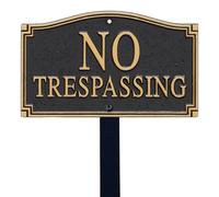 SmartSign 5.75 x 9.5 inch “No Trespassing” GardenBoss Statement Plaque with 18 inch Lawn Stake, 375 mil Rustproof Aluminum, Black and Gold, Set of 1