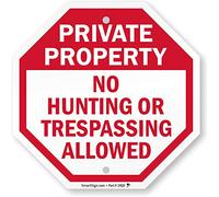 SmartSign Aluminum Sign, Legend "Private Property No Hunting Trespassing Allowed", 10" tall octagon, Red on White