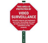 SmartSign Aluminum Sign, Legend This Area is Protected by Video Surveillance, 12" high octagon sign plus 3' tall stake, Red on White