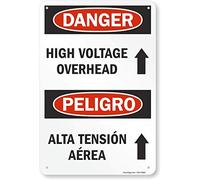 SmartSign "Danger - High Voltage Overhead" Bilingual Sign with Upward Arrow | 12" x 18" Aluminum
