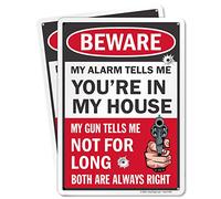 SmartSign (Pack of 2) 14 x 10 inch “Beware - My Alarm Tells You Are In My House” Funny No Trespassing Sign with Gun Graphic, 55 mil HDPE Plastic, Retro / Vintage, Multicolor