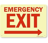 SmartSign Photoluminescent Aluminum Sign, Legend "Emergency Exit" with Right Arrow, 10" high x 14" wide, Red on Glow