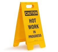 SmartSign-SF-0231-FB "Caution - Hot Work In Progress" Folding Floor Sign | 25" x 12" Plastic, Black on Yellow