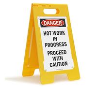 SmartSign-SF-0295-FB "Hot Work In Progress, Proceed with Caution" Folding Floor Sign | 25" x 12" Plastic - Black/Red on White