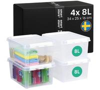 SmartStore 8L Plastic Storage Boxes with Lids - Set of 4-10 Year Guarantee - Stackable and Nestable - Food Safe and BPA Free - Clip Locked - Transparent- L34 x W25 x H16 cm