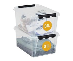 SmartStore 31L Clear Plastic Large Storage Boxes With Lid, 2 Pack, Reinforced, 10 Year Guarantee, Food Safe, Clip Locked, Stackable and Nestable, BPA Free L50 x W39 x H26 cm