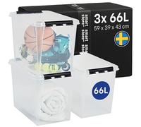 SmartStore 61L Large Plastic Storage Boxes with Lid, 3 Pack, Reinforced, Clear, 10 Year, Food Safe, Clip Locked, Stackable and Nestable, L59 x W39 x H43cm