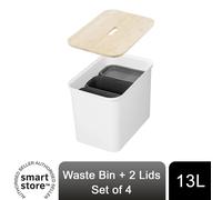 SmartStore Recycling Bin - 76L Large Kitchen Bin with Wood Lid, 3x 13L Bucket Inserts, 2x Small Lids - Sturdy Recycling Bins for Kitchen with 10 Year Guarantee - White Kitchen Bin (L57xW38xH42cm)