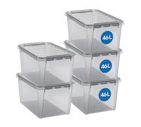 SmartStore Colour Clear Plastic Storage Boxes with Lids 5x 46 L, Grey | Stackable clear boxes with clip lids for clothes, shoes, blankets, bedding and cushions in the hallway or storage room