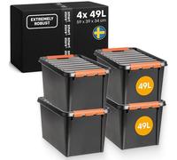 SmartStore Extra-Durable Plastic Storage Box with Lid 4x 49L, 59x39x34cm | Stackable tool boxes for garage, workshop & moving, heavy duty containers with clip lock, organiser for shelves