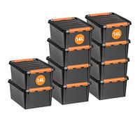 SmartStore extra-durable plastic storage boxes with lids | 14 L | 10-pack | Stackable bins with clip locks for tools, garage, or moving | BPA-free | 40x30x19cm