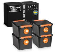 SmartStore Heavy-Duty Plastic Storage Box with Lid I 14 Litres I For Garage, Shelves, Moving I Set of 4 Stackable Boxes with Clip Closure I Tool Storage I BPA-Free I 40 x 30 x 19 cm