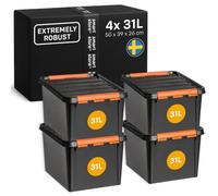 SmartStore Heavy-Duty Plastic Storage Box with Lid I 31 Litres I For Garage, Shelves, Moving I Set of 4 Stackable Boxes with Clip Closure I Tool Storage I BPA-Free I 50 x 39 x 26 cm