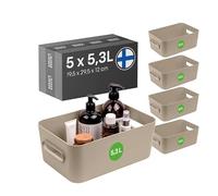 SmartStore Medium Plastic Storage Box with Handles 5× 5.3 L | Organiser Basket for Bathroom, Laundry, Kitchen, Office Drawers and Shelves | Beige Storage Bin with 10-Year Warranty | L29.5 ×W19.5×H12cm