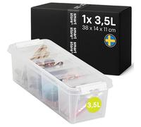 SmartStore 3.5L Small Plastic Storage Box with Lid - Single Box with 4 Inserts - Transparent and Stackable -10 Year Guarantee- Food Safe and BPA Free - Clip Locked - L38 x W14 x H11 cm