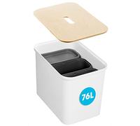 SmartStore Recycling Bin - 76L Large Kitchen Bin with Wood Lid, 3x 13L Bucket Inserts, 2x Small Lids - Sturdy Recycling Bins for Kitchen with 10 Year Guarantee - White Kitchen Bin (L57xW38xH42cm)