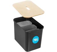 SmartStore Recycling Bin - 76L Large Kitchen Bin with Wood Lid, 3x 13L Bucket Inserts, 2x Small Lids - Sturdy Recycling Bins for Kitchen with 10 Year Guarantee - Black Kitchen Bin (L57xW38xH42cm)