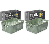 SmartStore Storage Basket with Handles in Green 11.4L (36.5x27x15cm) | Plastic Storage Bin from Recycled Plastic | Essence L Storage Box fits A4 paper| Storage with 10-year Warranty (Pack of 2)