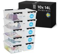 SmartStore Storage Boxes with Lids | 10x 14L box | 40x30x18cm, black clips | Stackable plastic storage box with lid for shoe, toy & craft storage | clear food-safe plastic boxes | storage containers