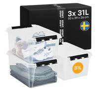 SmartStore Storage Boxes with Lids | 3x large 31L box | 50x39x26cm | Stackable plastic storage box with lid for garage & loft | big clear food-safe plastic boxes for shelves | crates, tubs, bins