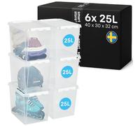 SmartStore Storage Boxes with Lids | 6x large 25L box | 40x30x32cm | Stackable plastic storage box with lid for garage & loft | big clear food-safe plastic boxes for shelves | crates, tubs, bins