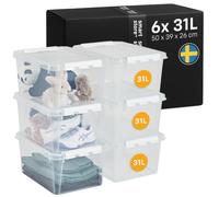 SmartStore Storage Boxes with Lids | 6x large 31L box | 50x39x26cm | Stackable plastic storage box with lid for garage & loft | big clear food-safe plastic boxes for shelves | crates, tubs, bins