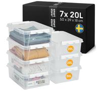 SmartStore Storage Boxes with Lids | 7x large 20L box | 50x39x18cm | Stackable plastic storage box with lid for garage & loft | big clear food-safe plastic boxes for shelves | crates, tubs, bins