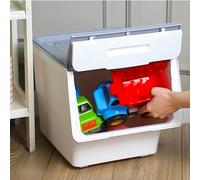 SmartToys4U Stackable Box, Plastic Organiser on Wheels, Kids Storage With Lid Open Front, Multi-Purpose Wheeled Storage for Toys Snacks Clothes (Grey&White, 3 x 12 LT)