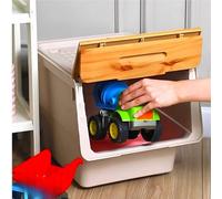 SmartToys4U Stackable Toy Box, Plastic Organiser on Wheels, Kids Storage with Lid Open Front, Multi-Purpose Wheeled Organiser Storage Box for Toys, Snacks, Clothes (Cream & Bamboo, 3 x 12 LT)
