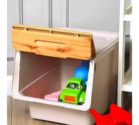 SmartToys4U Stackable Toy Box, Plastic Toy Organiser on Wheels, Kids Toy Storage with Lid Open Front, Multi-Purpose Wheeled Organiser Storage Box Toys Snacks Clothes (Cream&Bamboo, 3 x 33 LT)