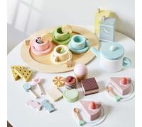 Smartwo 34PCS Wooden Tea Sets and Food Toys for Toddlers Afternoon Tea Party, Pretend Play Coffee Dessert Cakes, Kids Kitchen Shop Accessories, Children Gift for Boys Girls 3 4 5 6 Years Old