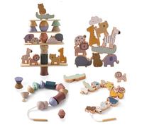 Smartwo Wooden Animal Threading and Stacking Toys for 2 3 Years Old, 30PCS Montessori Lacing Beads and Building Blocks for Toddlers, Fine Motor Skills, Kids Early Development Activity, Girl Boy Gift