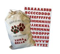Smarty Pants DIY Christmas Pet Sack Iron On Transfer Kit, Custom Double Plaid Paw Print Decal with Red Alphabet Letters, Natural Canvas, Large, Traditional Christmas Style