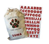 Smartypants DIY Christmas Pet Sack Iron On Transfer Kit, Custom Plaid Paw Print Decal with Red Alphabet Letters, Sleigh Bells & Waggy Tails Furry Christmas Design
