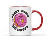 SmartyPants Donut Worry Be Happy Mug Cup Coffe Tea Funny Cute Cartoon Sprinkles Jam Slogan Present Gift Idea Heavy Duty Ceramic Handle Coated Dishwasher Microwave Safe (Red Handle Prime)