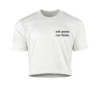 SMARTYPANTS Eat Pasta Run Fasta Slogan Crop T-Shirt - Women's White Fitted Running Tee - Funny Gift for Runners Pasta Lovers Birthday Christmas Secret Santa