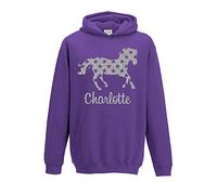 SmartyPants [ Kids ] Personalised Horse Silver Glitter Hoodie Choose Your Name and Colour (9-11, Purple)