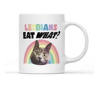SMARTYPANTS Lesbians Eat What? White Handle Coffee Tea Mug - Pride Parade LGBTQ Community Cats Rainbow Funny Joke Humour Home Drink Cup Kitchen Decor Gifts Presents (White Handle)